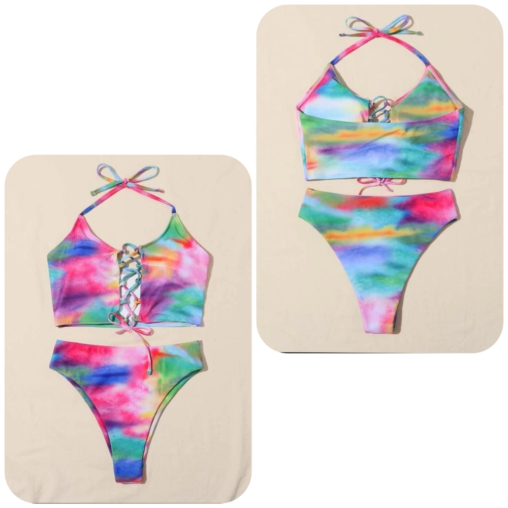 👙Tie Dye Lace-up Halter Bikini Swimsuit